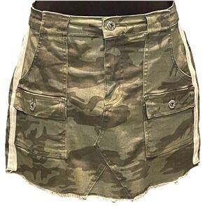 Gogo Jeans Camo‎ Mini Skirt Sz 11 Y2K Cargo Style White Side Stripes Frayed Hem